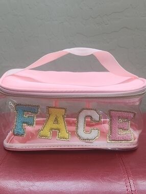 Pink Clear Kids Cosmetic Bag with Colorful FACE Letters